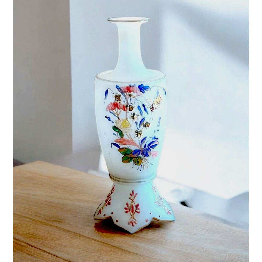 Vintage Hand Painted Bristol Glass Opaline Vase Butterflies Flowers Pink Signed